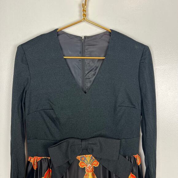 Vintage 70s Hostess Maxi Dress Gown Black Gold Paisley Bow V-Neck Long Sleeve - Picture 2 of 10